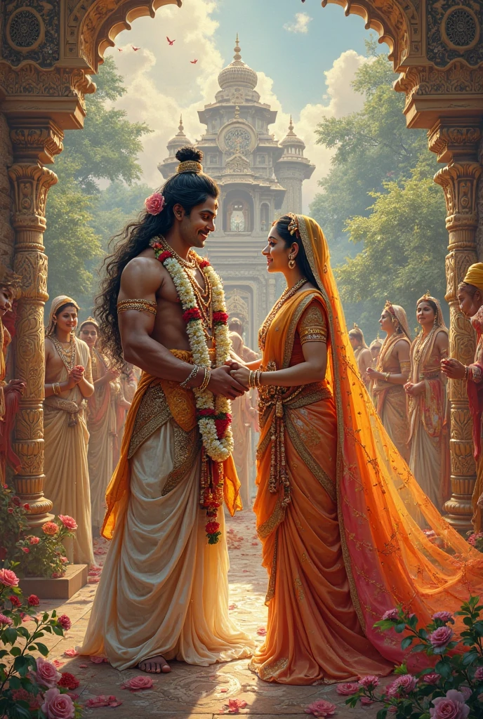 Draupadi tying Rakhi on the right hand of Lord Krishna where both of them are standing near Palace 