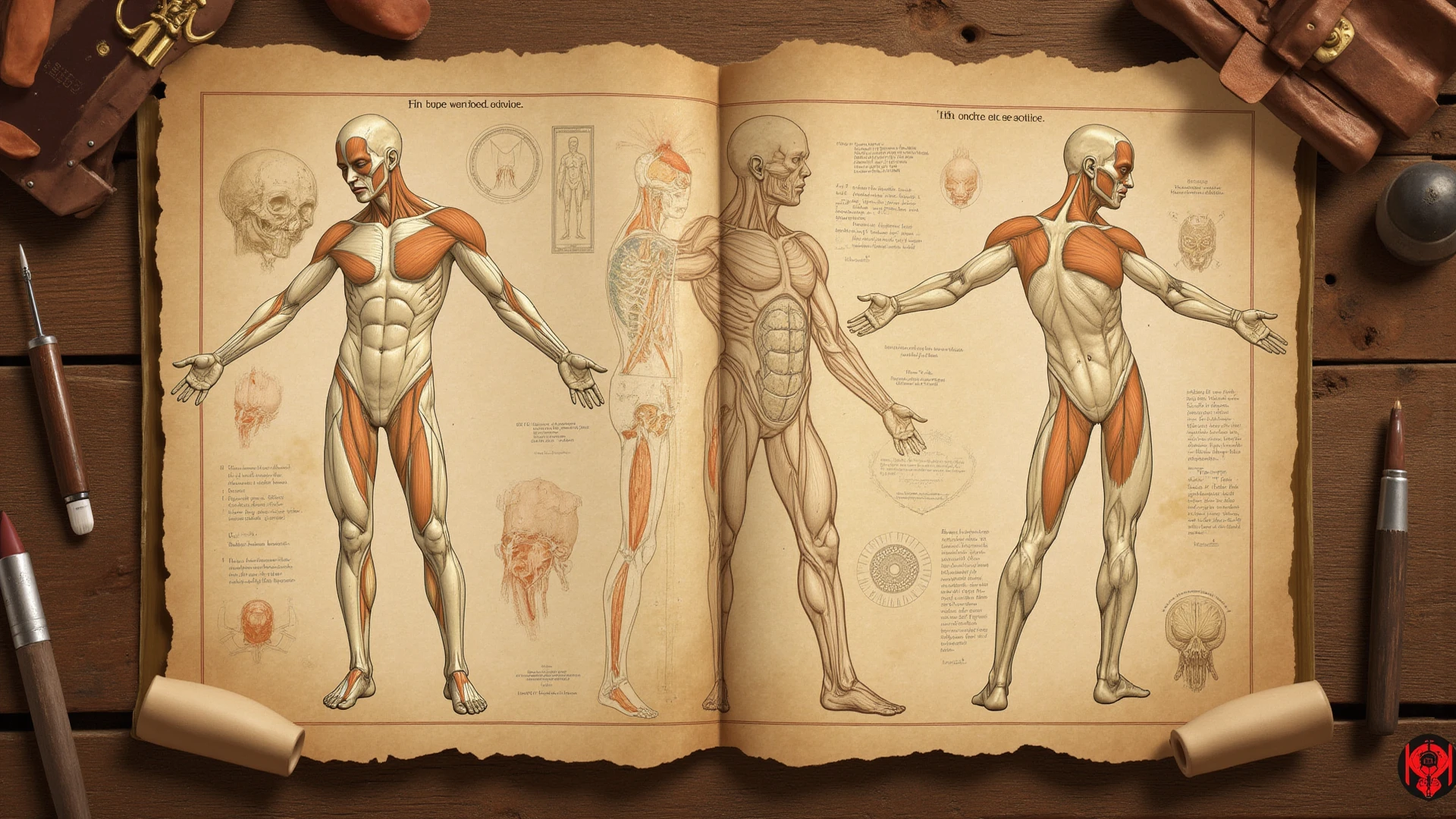 Drawings of the Slavic demon Piwosznik with notes and annotations reminiscent of da Vinci's study of anatomy. Sketches should be very detailed, focusing on unique anatomy, paying attention to texture, shading and form.
