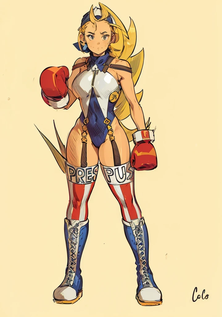 Drawing of cammy_white, cammy sf6,1girl, solo,  bang, scar on cheek, blonde hair, blue eyes, short hair, (((Plain background:1.2))) (masterpiece, high quality:1.1) 1girl solo full body squatting looking to the viewer, view from below, hairstyle short bob hair cut with a braid, extra long hair, white silver hair, red eyes, HANDS ON HIPS (yellow tiger bikini print long sleeves and long stockings) (dark elf dark skin) (incredibly beautiful full body photo, standing, (((bright eyes))), good anatomy, perfect hand muscular legs))), thin waist, muscular abdomen, wearing black high heel shoes, (((with her back to me showing her big shapely ass to me)))