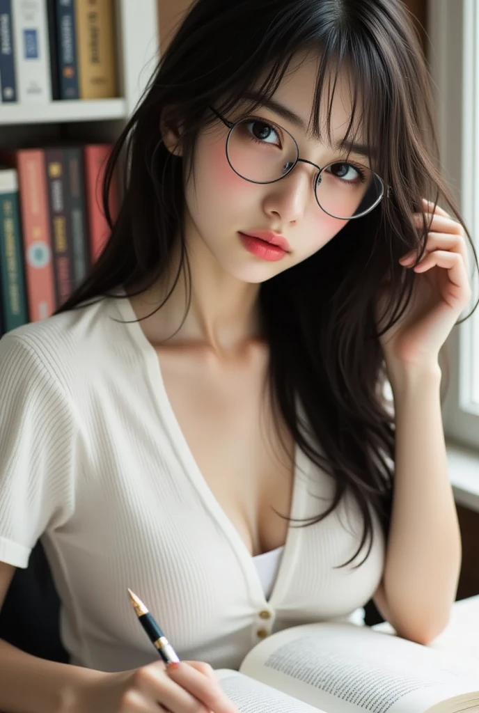 8K, top-quality, masterpiece, realisitic, Photorealsitic, ultra-detailliert, Natural sunlight, well-shaped breasts, I can see the cleavage, 1 persons, 35-year-old woman, Dark hair, bobhair, straight haired, Silver-rimmed glasses, (Look at viewers), Pendants, orange knit v-neck shirt, extremely detailed face and skin, A detailed eye, extremely detailed face and skin