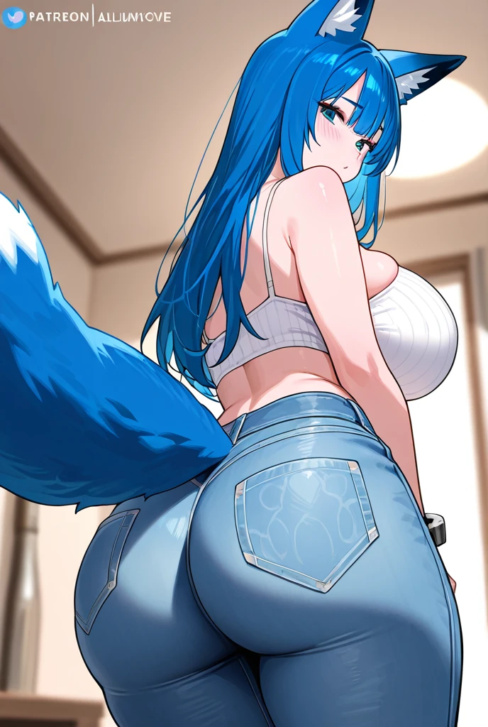 (Masterpiece) (High Detail) (High Res) A close up of short skinny humanoid girl with pale human skin and blue eyes and long blue hair and blue dog ears and a big fluffy dog tail and small average breasts. She is showing her butt off. Wearing a black spandex leotard.