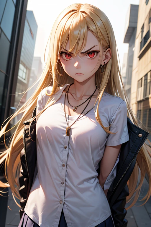 optimal,masterpiece,high resolution,best quality,Ultra HD,Very detailed,The award-winning,16K,Solitary,(Upper Body),Correct anatomy,Beautiful cyberpunk girl,Cowboy shooting、Cute face,,Blonde、Long hair、Double tail、Weaving, hairline,((Scarlet eyes)),Long eyelashes,Drooping corners of the eyes,White skin,((Shot from below)), ((t-shirt:1.5)), Clock top、((Clear nipples))、Rocket , (Large Breasts),(because I'Thin),