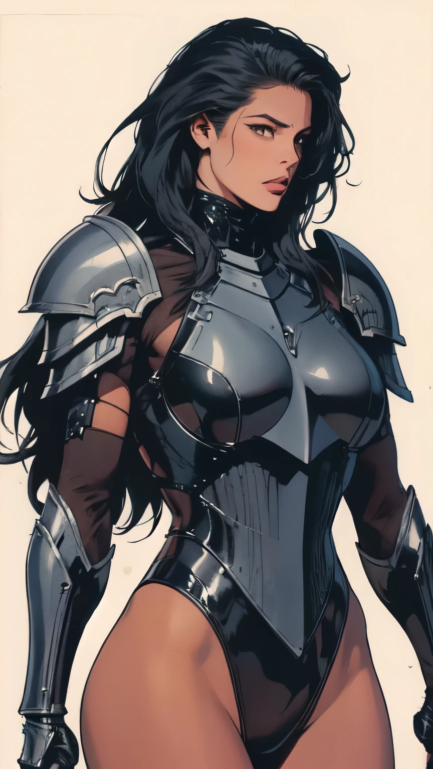 Witchblade Style, 1girl, solo, long hair, brown hair, cleavage, very long hair, yellow eyes, boots,  armor, squatting, shoulder armor, clenched hand, colored sclera, pauldrons, black sclera,  armor 