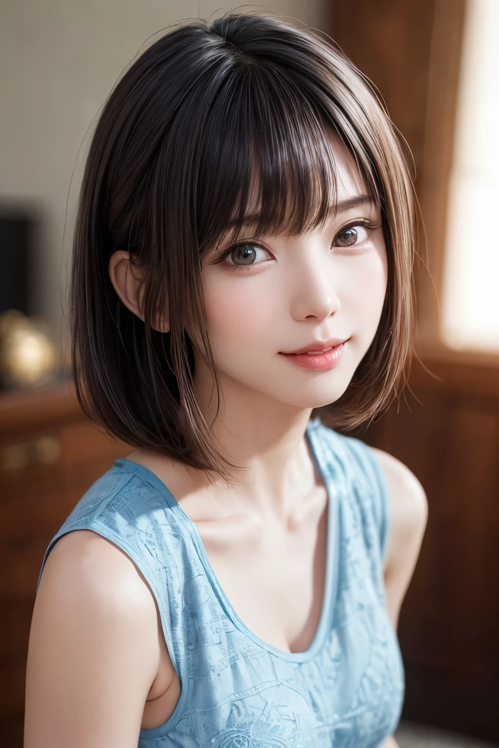 masutepiece、top-quality、hight resolution、Most Best Illustration、wall-paper、Bright lighting、profetional lighting、realisitic、Women in Japan、Adult beauty、a beauty girl、女優、modeled、Super beautiful、Beautiful skins、Beautiful and detailed eyes、Beautiful and detailed eyes、A detailed face、Adult beauty、slim、medium large breasts、Medium Hair、short medium hair、brunette color hair、