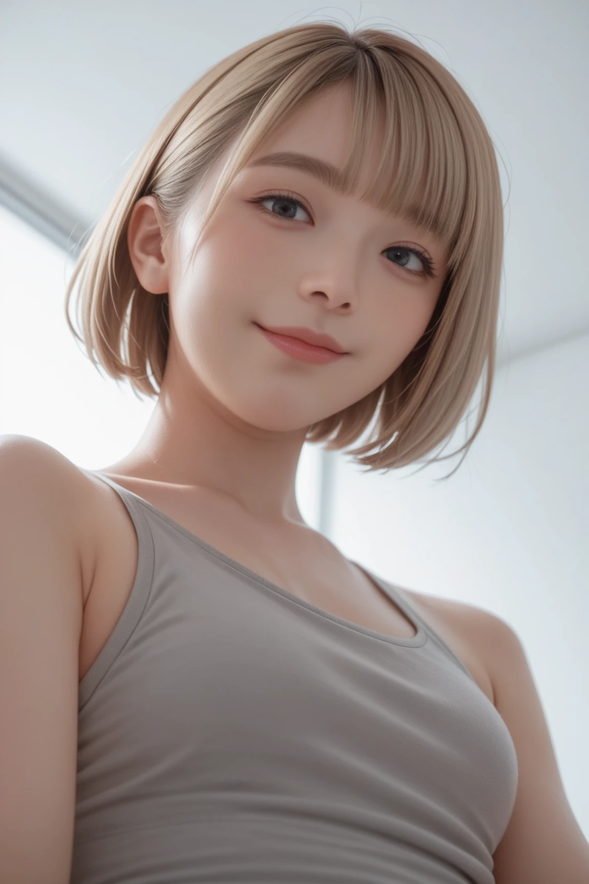 Genuine, masterpiece, Highest quality, Photo of a woman smiling happily, Beautiful and detailed, Long, narrow eyes, Iris, Thin eyebrows, Delicate eyelashes, Long eyelashes, False eyelashes, (Hidden eyelid wrinkles:1.3), (Blonde, short hair, middle part:1.3), Small teeth visible, See-through T-shirt