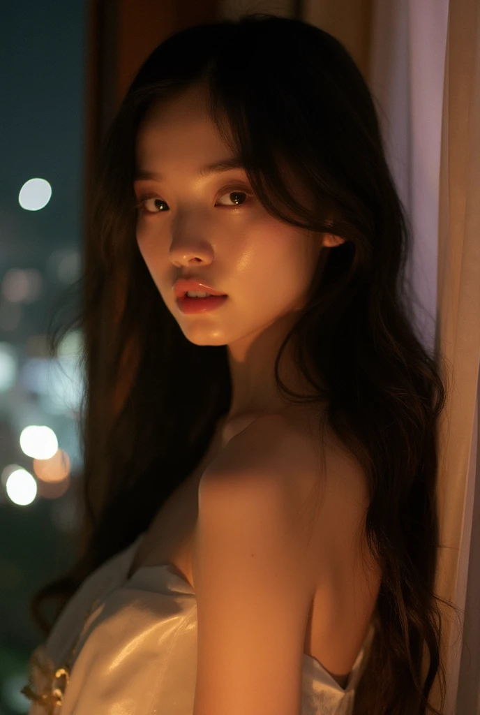 35mm photo, night photo, photo of 23 y.o beautiful asian woman, pale skin, bokeh, motion blur, body lingerie, topless