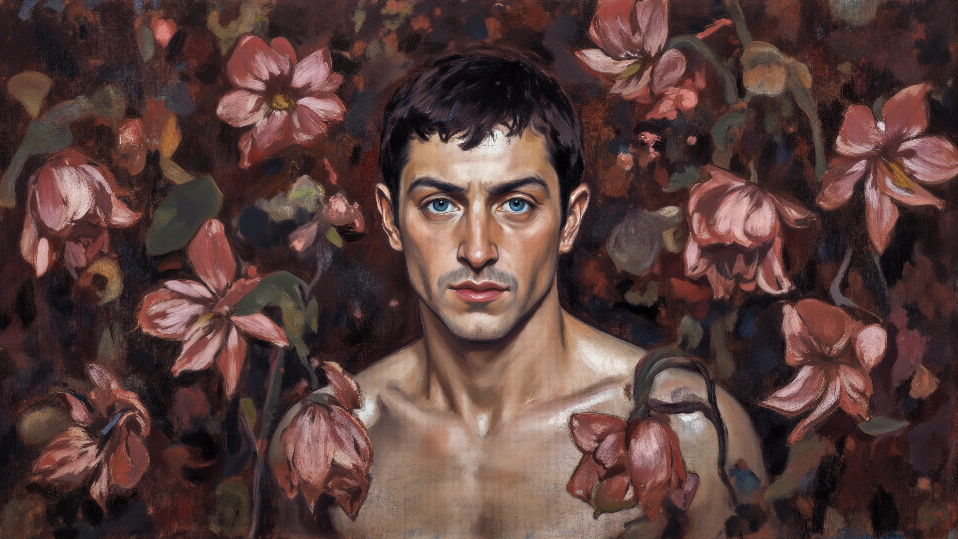 1 muscular man, solo, (oil painting:1.5), (NSFW:1.2), a muscular man wearing nothing completely naked, nude, penis, joyfully twirling in the raining paint, 1boy, short hair, floral, Lycianthus ,In light pink and light blue styles, Dreamy and romantic composition, dripping flowers on his face, in the style of collage-based, made of insects, william wegman, colorism, white background, pencil art illustrations, national geographic photo, luxurious, extravagant, stylish, opulent, elegance, stunning beauty, professional, high contrast, detailed, Depict a dreamy, whimsical scene with elements that seem to merge with the background