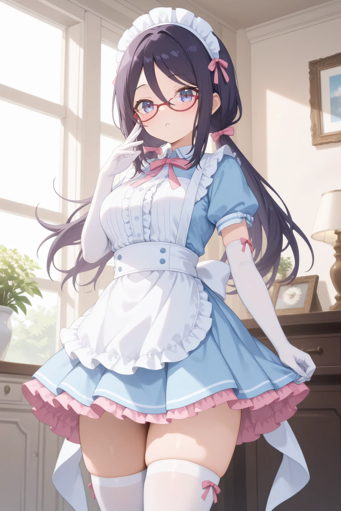 (masterpiece), (highest quality), ((Super detailed))、(super delicate)、Cute naughty peasant woman、Pastel colors hair、medium breasts、Thighs、Gorgeous、black hair, short hair, (low twintails), glasses, standard height, (anxious face:1,2、blush:1.2, quiet personality:1.2), (naked)