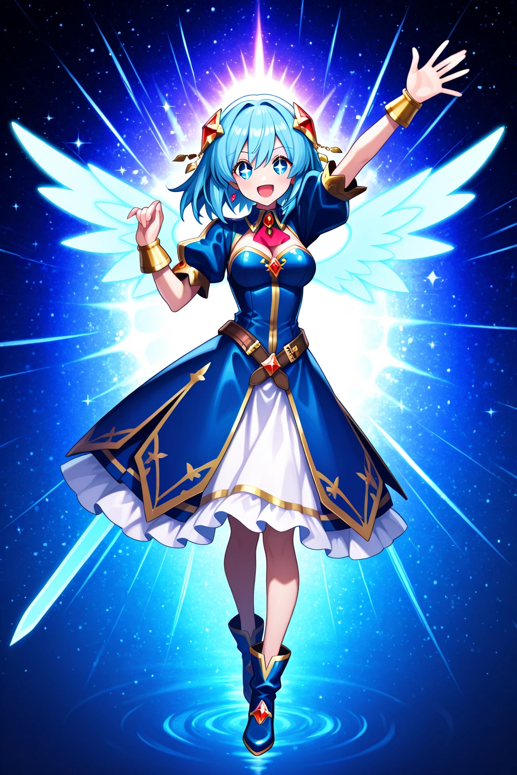 A gorgeous picture of Miki Sayaka wearing a skimpy strapless blue dress in a fantastic snow and ice forest，Many scattered crystal trees、Accessories、Shine in the center，Beautiful transparent flowers, Transparent colorful wings, The wand flutters in the wind､The wand flashed with starlight，Golden wand，transparent feathers，fanciful、Starskrim、cleanness、glimmering、icy blue、Light、with light glowing，Magic pictures,Delicate leaves and branches are surrounded by motes of silvery light（nature elements），（Snow theme），（Frost covered foliage），（tree branch），（glowworm），（Particle effect），Masterpiece, Super detailed, Epic composition, Highest quality, 8K，Epic romantic fantasy digital art，dramatic  lighting