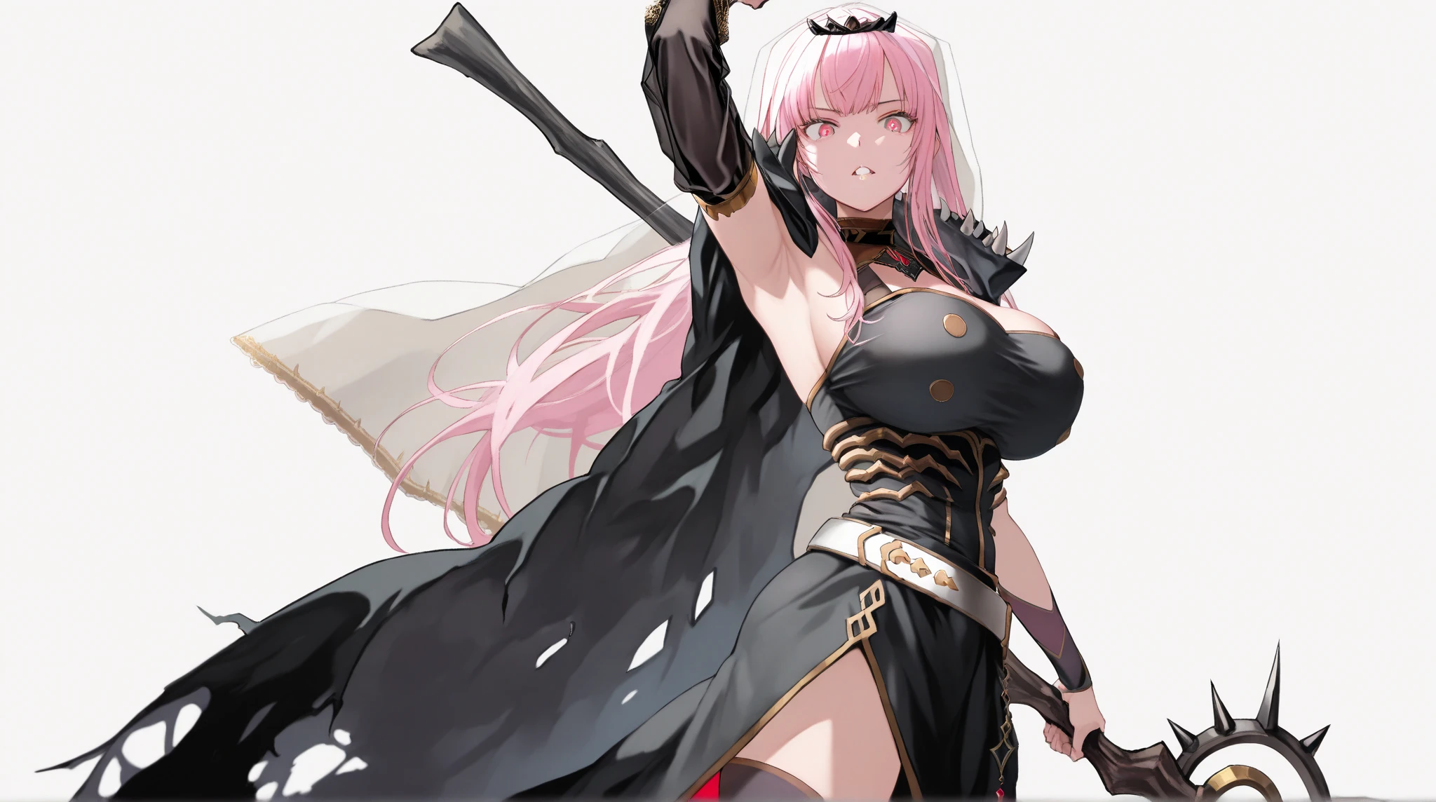 masterpiece, Best quality, watercolor (medium), 1girl, breast, Solitary, Short shoulder-length hair, Cleavage, Black picks dye pink hair, Delicate gray eyes, Bangs, jewelry, skirt, Bare shoulders, sleeveless, Hair between the eyes, 单Scapula, looking at the audience, Fighting Stance, large breast, armor, shoulder armor, sleeveless skirt, Upper Body, single sleeve, white skirt, Scapula, Gnashing of teeth