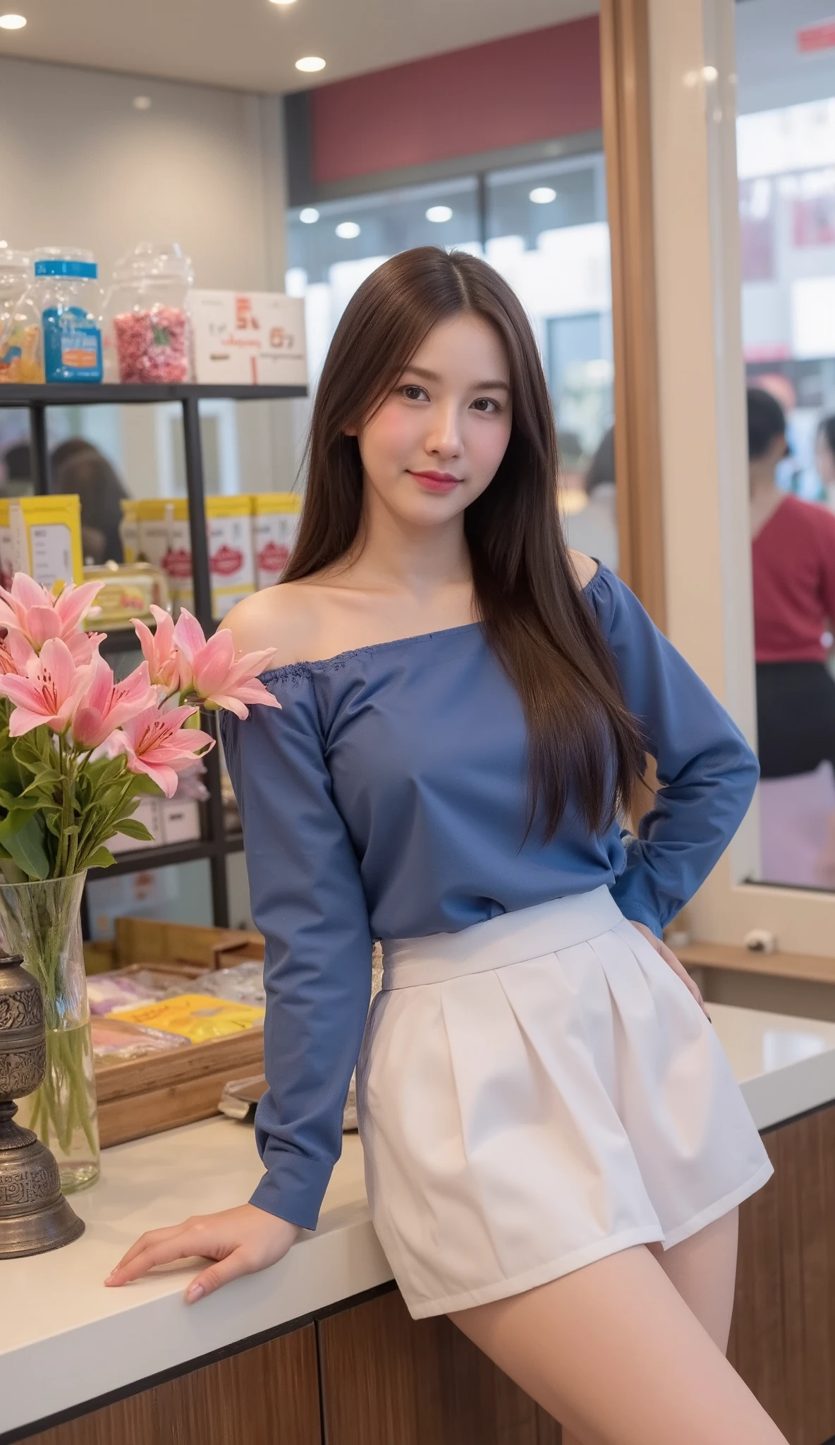 Realistic woman, beautiful face, big breasts, attractive shape, height 160cm. Looking at the ultra-high resolution 8K camera, sharp focus, very high detail, as realistic as a photo, natural light, smooth skin. On a weekend afternoon, the girl is standing in front of the mirror of a Thai fusion candy store in the popular Bangna shopping mall, half the camera angle makes both the pose and the background clearly visible. She is wearing a blue off-the-shoulder shirt. Slightly draped, with a white pleated skirt just above the knee that protrudes slightly from the table line in front. The shop front is decorated with contemporary Thai tiling, and the back is lined with colorful souvenir boxes.
LED lights from the ceiling reflect down on the glass and candy shelves, blurry shadows of passers-by. By the window, a vase of pink lilies is placed alongside a small antique oil lamp, adding to the Thai atmosphere. The overall atmosphere is simple, yet warm, and naturally lively.