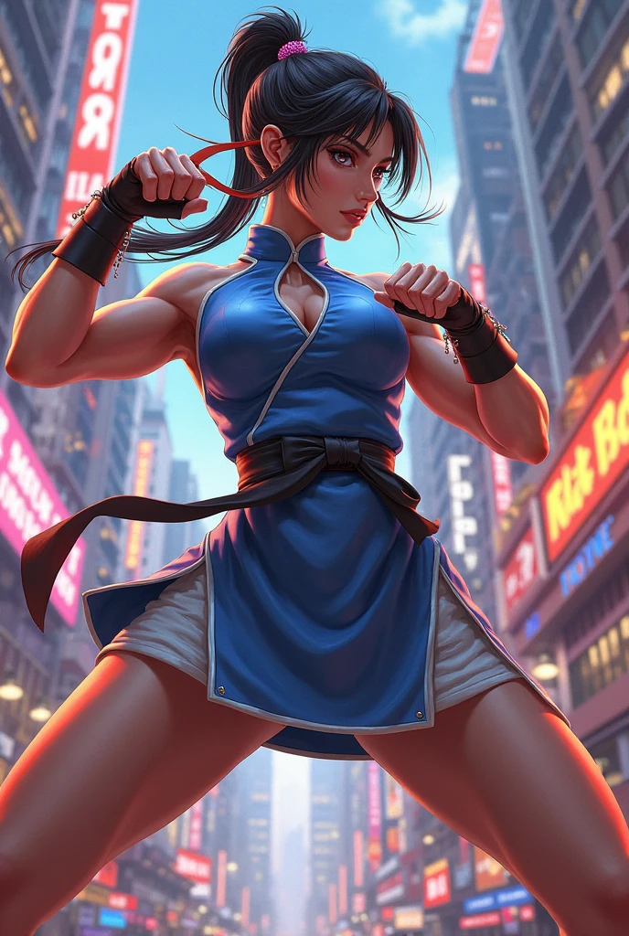 Street fighter Chun-li Early morning, city buildings background, sunglasses, only wearing panties, breast hanging out, thick eyebrows, leather backpack, bazooka protruding from the backpack, carrying heavy weapons, (dark skin: 1.3), black gloves, brown skin, movie lighting, beautiful dark brown hair, (masterpiece), ((highest quality)), (super detailed), glossy skin, full body anime girl, solo, clean and detailed anime face, High resolution anime eyes, five fingers, textile shading, perfect human structure, perfect anatomy,