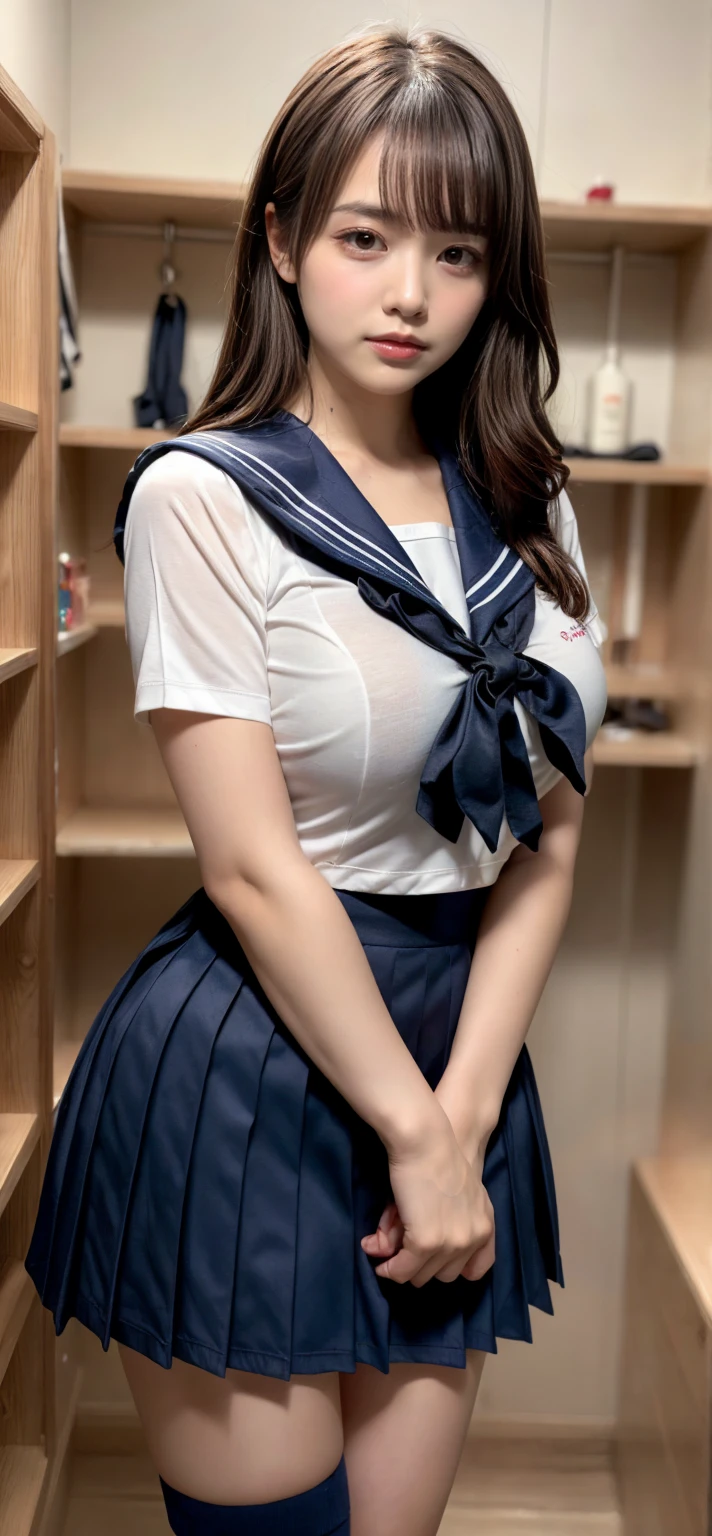 masterpiece, best quality, illustration, Super detailed, fine details, High resolution, 8K,wall paper, perfect dynamic composition,(Details High quality, realistic depiction of eyes:1.3), Black Sailor Uniform, serafuku, Navy pleated skirt, huge breasts, short bob hair, black hair color, Big Natural Color Lip, bold sexy pose, crying a little、 Harajuku style、20 year old girl、cute type、lolita、beautiful legs, hotel room, full body photo、focus on crotch, hposing Gravure Idol