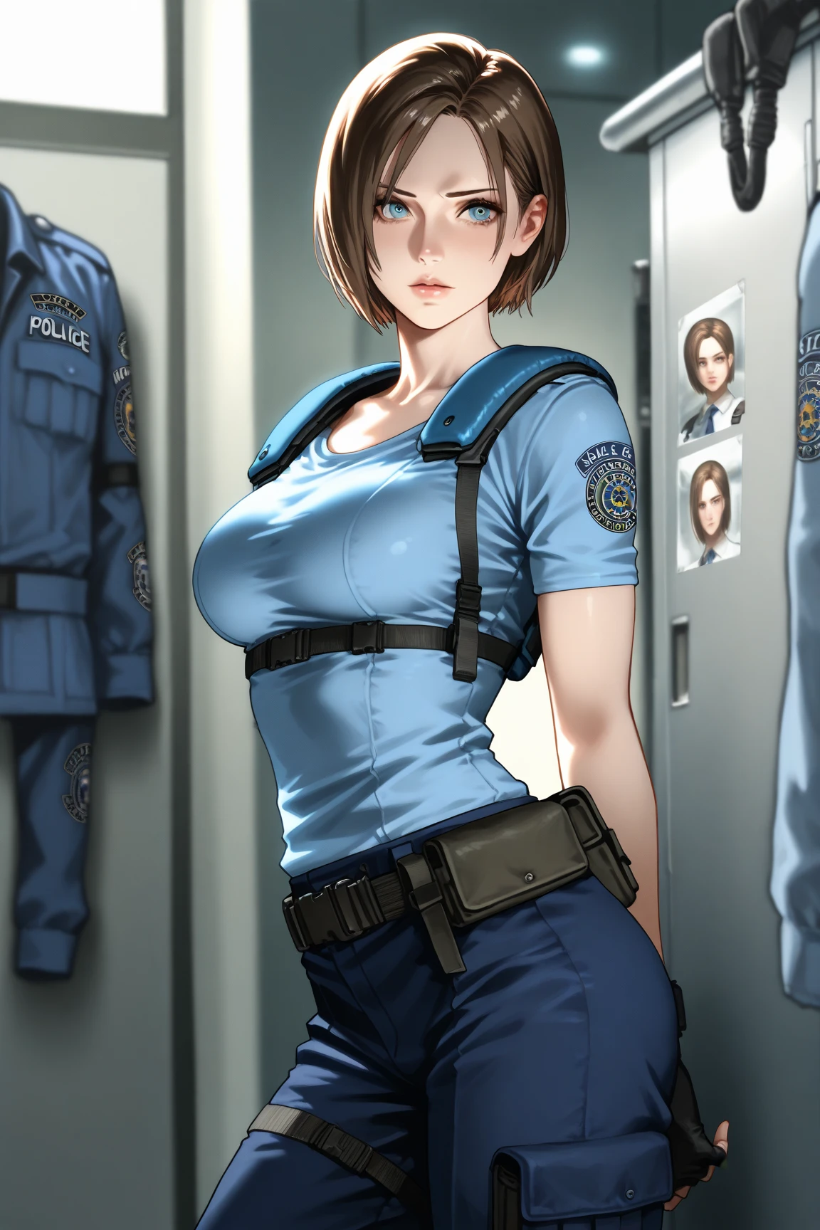 Jill Valentine, masterpiece, best quality, 1girl, solo, standing, jillre1, beret, uniform, shoulder pads, short sleeves, harness, belt, pants, unmoving pattern, peitos grandes, bunda grande, ela esta mostrando a lateral, pernas abertas, bunda grande, decote, peitos grandes, ela esta olhando para a lateral,