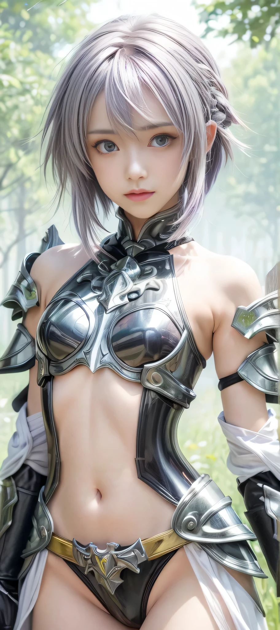 masterpiece, best quality, (realistic,photo-realistic:1.4), (RAW photo:1.2), extremely detailed CG unity 8k wallpaper, delicate and beautiful, amazing,finely detail, official art, absurdres, incredibly absurdres, huge filesize, ultra-detailed,extremely detailed eyes and face,light on face,sinon,(little smile),(purple hair:1.4),(very short hair:1.5),sidelocks,forest background,(god cloth:1.5) ,(sidelocks:1.4),(black armor:1.5),navel