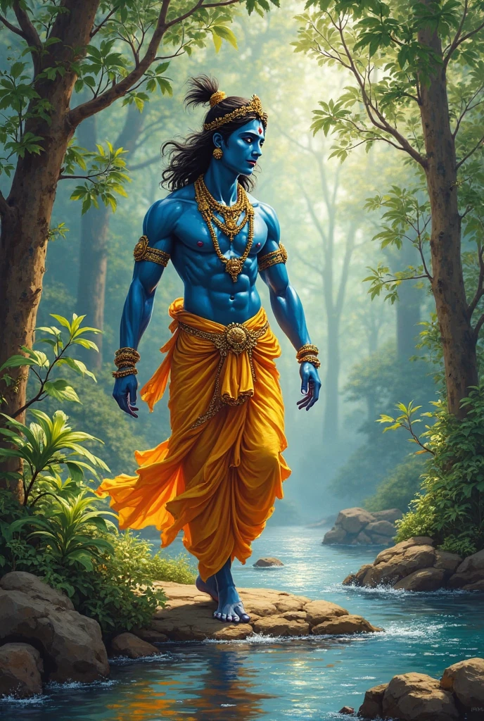 Lord krishna under greenery towards the left of the frame