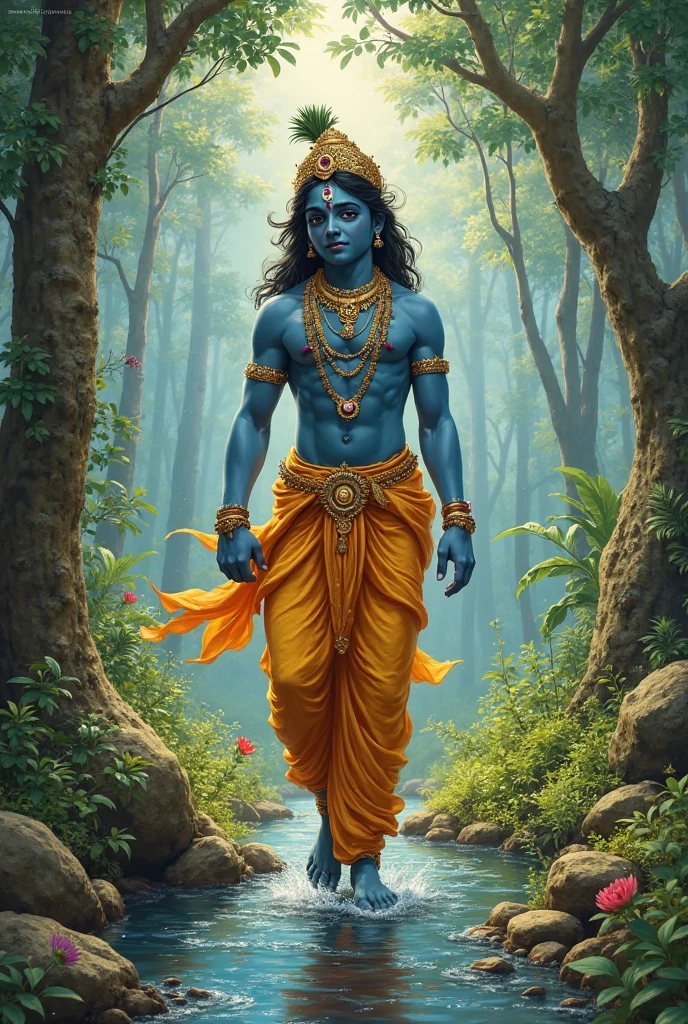 Create a mystical forest scene enveloped in mist, with Lord Krishna standing gracefully. He is depicted and dressed in elegant, traditional attire, with a flowing red garment and intricate golden jewelry. Krishna wears a detailed crown adorned with peacock feathers, and his expression is serene and contemplative. The background should be a dense, foggy forest with tall trees and moss-covered branches, creating a tranquil and otherworldly atmosphere. The light should be soft, filtering through the mist to add depth and ethereal beauty to the scene.