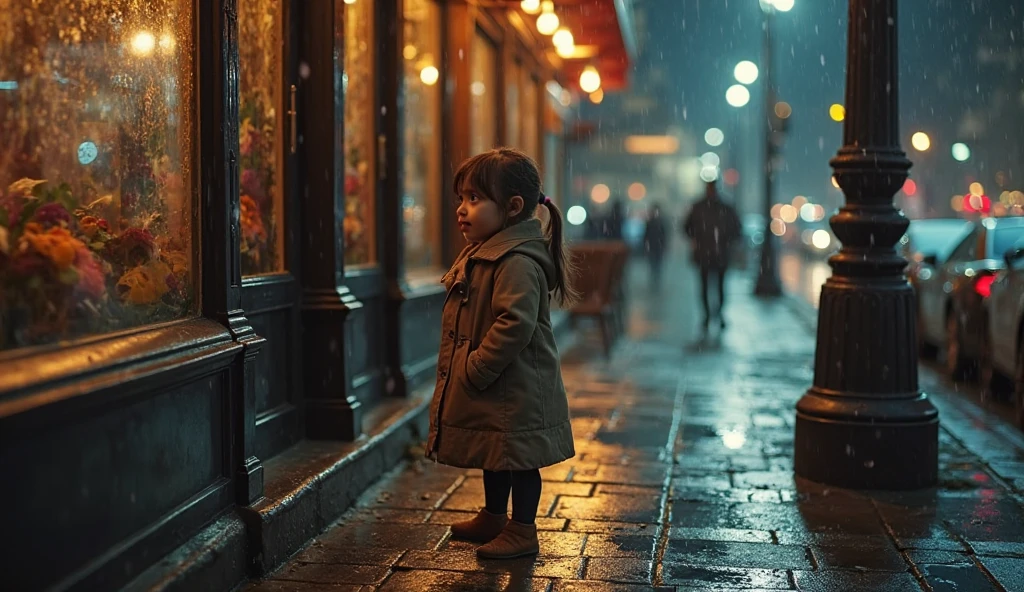 (masterpiece, highest quality: 1.3), (16k, high resolution: 1.3), Street corner, old phone booth, cute girl leaning on the phone booth and looking up at the sky, it's raining