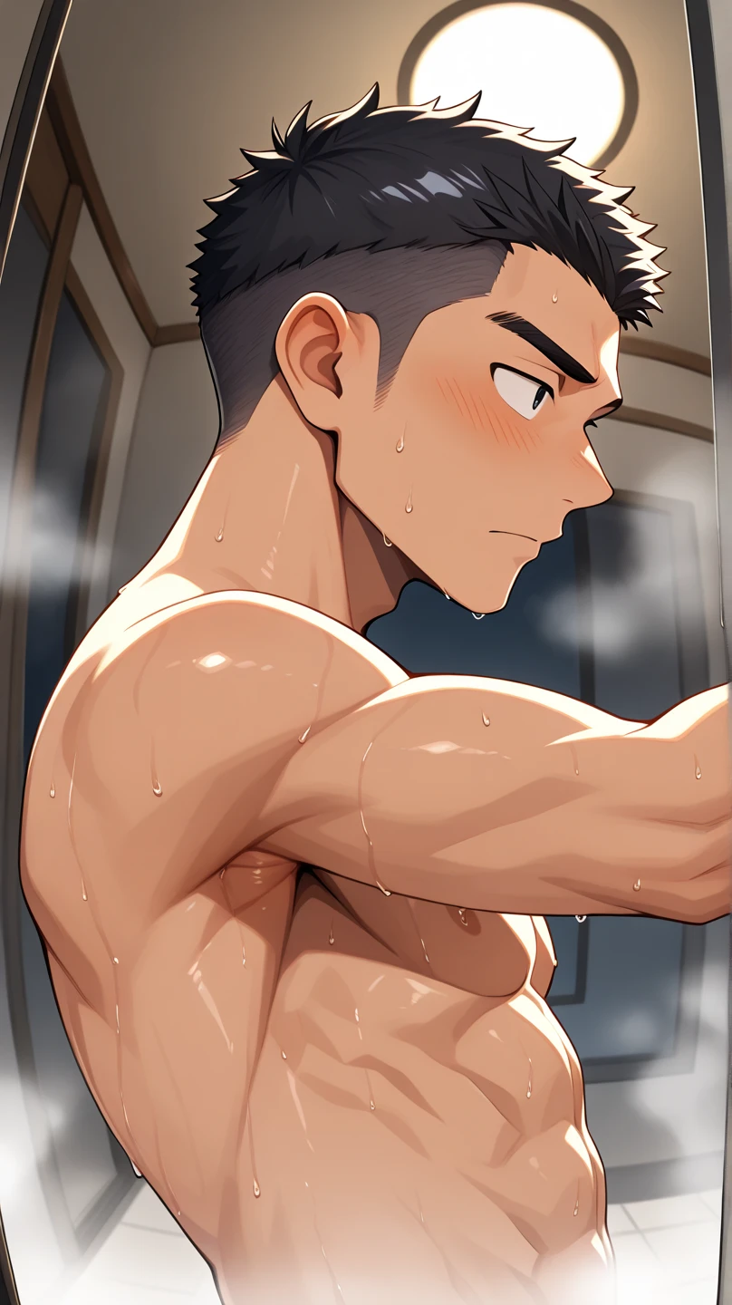(masterpiece, Best Quality),The whole body of boy,(19 years old),Rear view,Body tilt,delicate big eyes,towel,Open your eyes,,smooth and delicate skin,Short square face,Surprised expression,infancy,short round face,Flat chin,finely detaild face,well-muscled,short bright black hair,with an intricate,nakeness,(backbone:1.2),the night,vivd colour,(depth of fields:1.2),a boy taking a shower,Raised sexy,shower room,rain