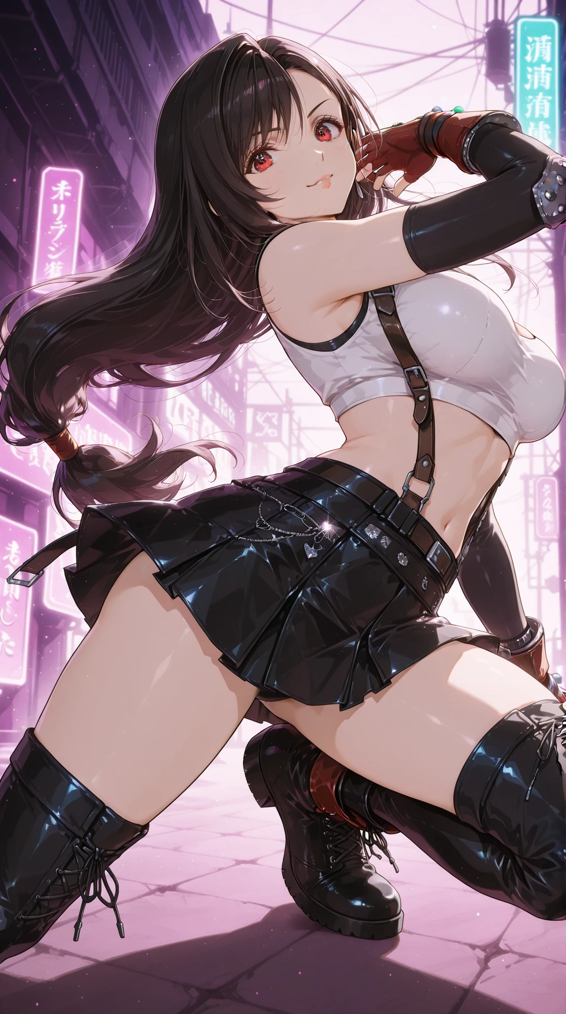 1chica, hermosa, cabello negro, ojos rojos, camisa negra, Mini Checkered Skirt, Pose showing her butt back, Tempting expression