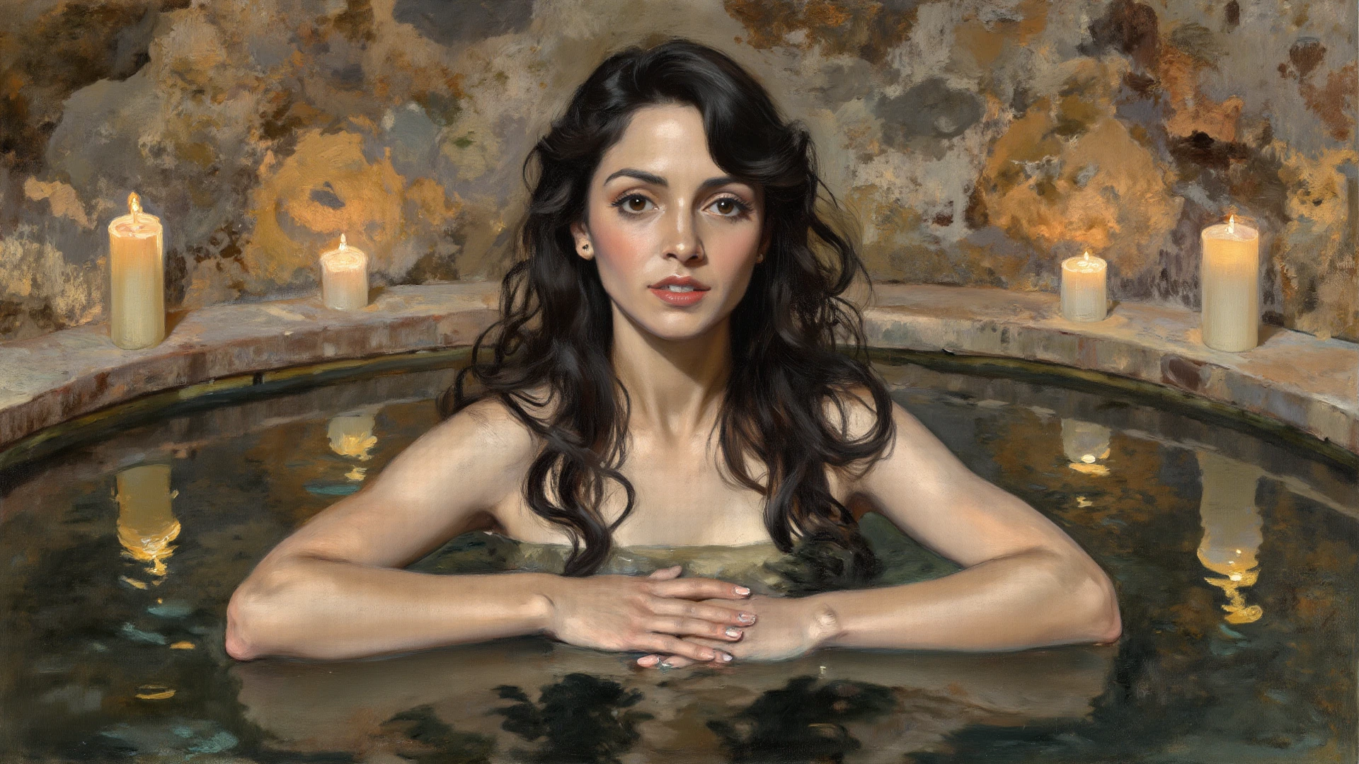 Lawrence Alma-Tadema style, solo one nude female muse in ancient pool temple bath ritual, beautiful perfect curvy wet body, absolutly nude, breasts big, nipples big hard, pubis hairy, bright colors, fullbody, bright sunlight rays, with plants beautiful, face european caucasian sweet cute perfect, super detailed, masterpiece, hq, 16k, high detalisation, sexual seductive pose, side view, correct anatomy, long legs, long hairs, small feet, ankle braslet, eyes blue, waist slim, belly fit
