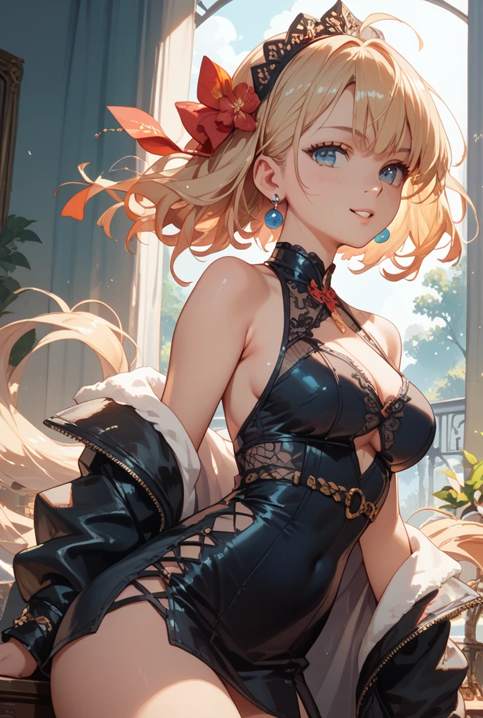 (masterpiece, best quality:1.5), (high resolution 8K), detailed eyes and face, detailed body,
BREAK 1 girl, japanese girl, longhair, twintail, blonde hair, blonde eyes, wave hair, (mascara:1.2), (tan skin, dark skin:1.2), double teeth, fang, (piercing:1.2), medium breasts,
BREAK (seductive smile, blush:1.2),
BREAK A gothic bunny girl wearing a dark black and red lace bodysuit with intricate detailing. Her black leather-like bunny ears and lace-up boots enhance the gothic aesthetic, paired with fishnet stockings for a dark, edgy look, cinematic composition, trending on Artstation,
BREAK A gothic bunny girl leaning slightly forward, one foot behind her for balance, both arms extended outward in a mysterious pose. She is in front of a decaying castle with broken windows and ivy-covered walls, moonlight casting eerie shadows, cinematic composition, trending on Artstation.