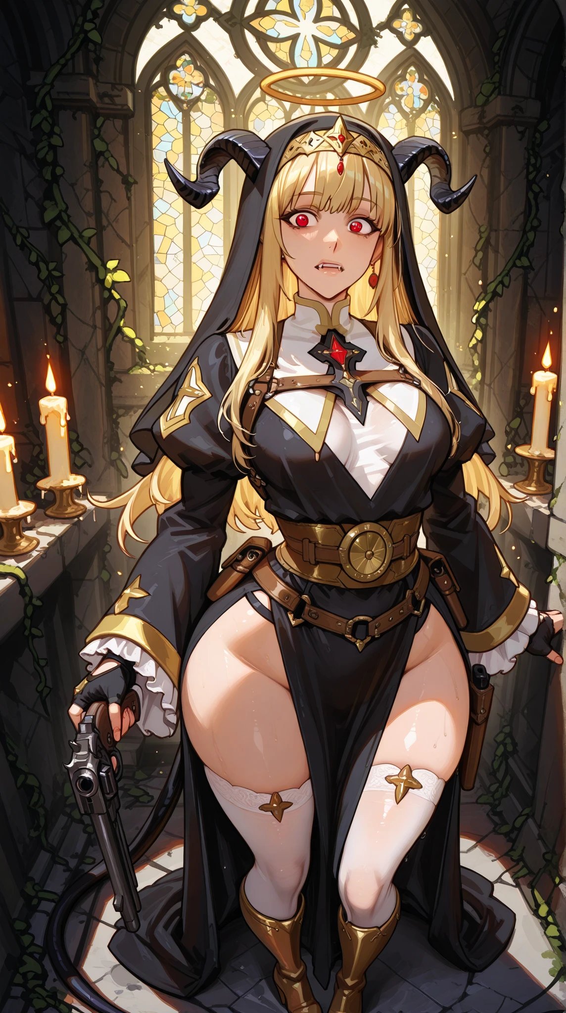 anime nun girl in a black outfit sitting on a red floor, nun outfit, nun, wearing shiny breastplate, cyberpunk, divine ray over her head, holy armor,  holy cyborg necromancer girl, vampire nun, behind her a gothic cathedral, thicc, blood rayne, vampir hunter d
