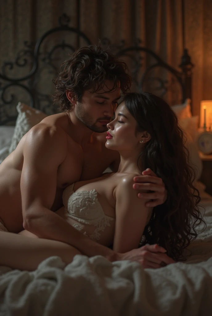 Queen Catherine lay on a pile of hay with a man on top of Catherine without any clothes, a romantic atmosphere in the warmth of love