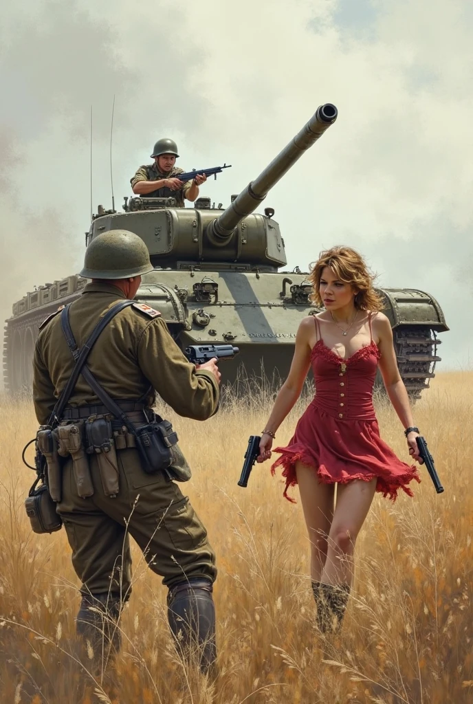 Pinup in short clothes surrounded by soldiers in the 2nd. World War not Mort Künstler style. Oil illustration.