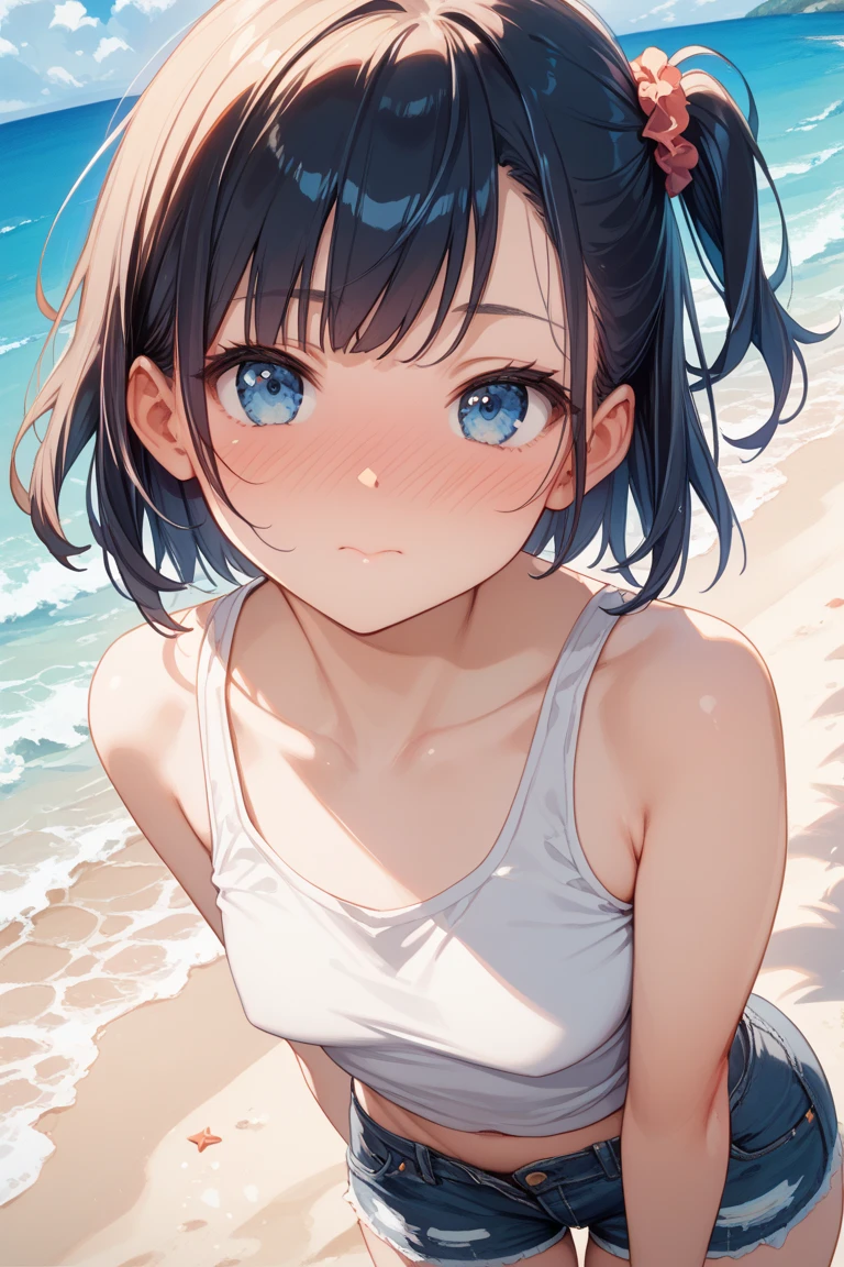 masterpiece, 4k, 8k, small breast, kawaii, Embarrassed face, 10yo,tits, Emphasize the chest、Nipple Contour, Cleavage, Beach