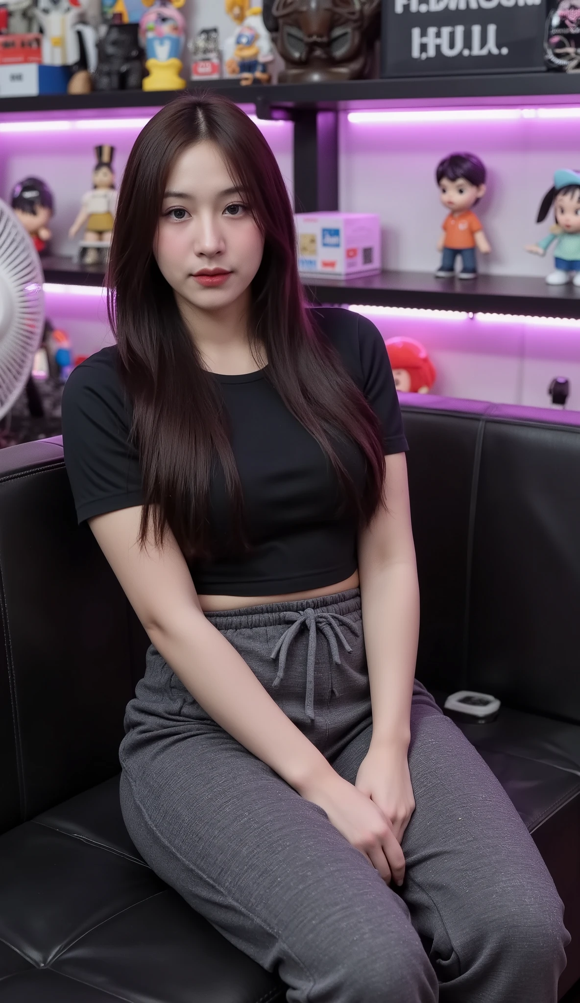 Realistic woman, beautiful face, big breasts, attractive shape, height 160cm. Looking at the ultra-high resolution 8K camera, sharp focus, very high detail, as realistic as a photo, natural light, soft skin, a young woman sitting on the black leather seat of an e-sports cafe near Rangsit University. The angle from the front at chest level reveals a black gray cropped shirt attached to her torso. High-waisted sweatpants in soft fabric draped directly on the thigh. The back has a shelf of figurines, cartoon characters and posters of the famous game adorn the walls.
Pink-purple LEDs shine from the bottom of the table, creating a luminous shadow on her face. The sound of a fan blowing in the shop softly clashes with the opening J-pop music from YouTube TV in the corner of the room. The overall atmosphere is full of fun and concentration in the virtual world.