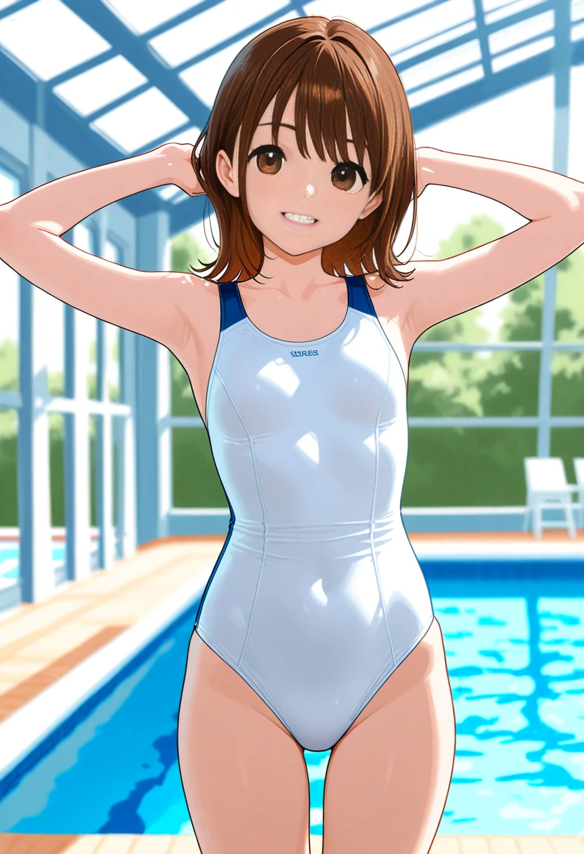 1girl, solo, swimsuit, one-piece swimsuit, brown hair, kinomoto sakura, school swimsuit, green eyes, gradient background, gradient, short hair, open mouth, smile, antenna hair, blue one-piece swimsuit, looking at viewer, standing, :d, <lora:Card Captor Sakura Anime_XL:0.8>