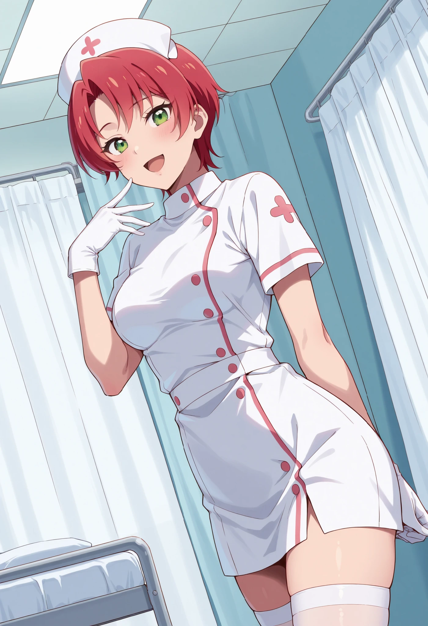 Score_9, score_8_up, score_7_up, source_anime, mei hamano, solo, short hair, pink hair, red hair, green eyes, medium breasts, (best quality), (high quality), {masterpiece}, extremely delicate and beautiful, ultra-detailed, beautiful detailed eyes, nurse, nurse hat, ((white nurse's outfit)), white gloves, white thighhighs, hospital room, smile, open mouth, standing