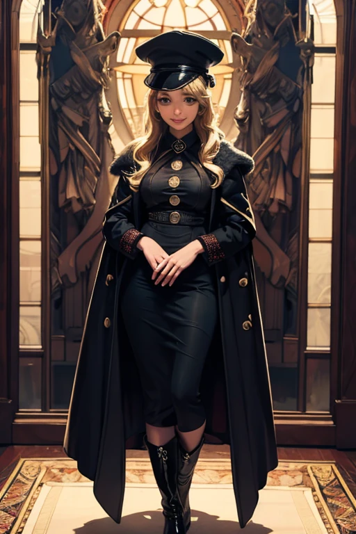 Hillary Clinton, shorth hair, above the shoulders, wearing a black coat with buttons, right and left side pocket, small gold and shiny earrings, segurando um cachorro, with ears up, red collar, behind a starry sky, fullmoon, medieval window, big fit ass, medieval village 