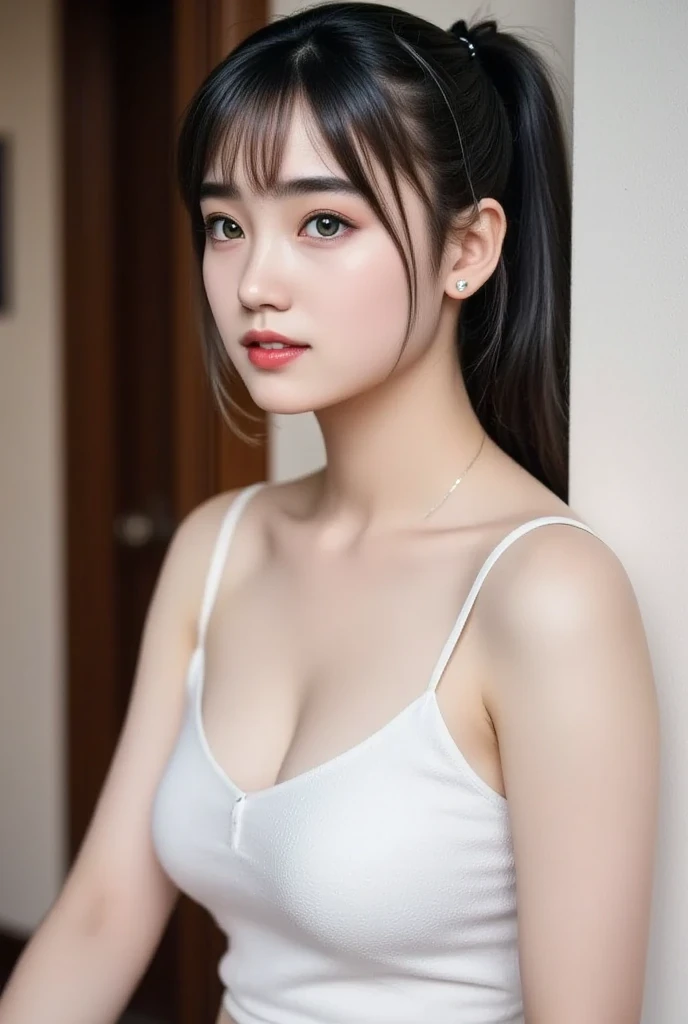 masterpiece, 1 beautiful girl, detailed eyes, puffy eyes, best quality, ultra high definition, (reality: 1.4), original photo, 1girl, cinematic lighting, Japan, asian beauty, korean, super beautiful, beautiful skin, slender, small chest, body facing front, (ultra-realistic), (high resolution), (8K), (very detailed), (best illustration), (beautifully detailed eyes), (ultra detailed) , detailed face, looking at the viewer, facing straight ahead, neat clothes, sleeveless, short hair, black hair, 46 points diagonal bangs, room based on white background tone, neat atmosphere,happy sexy smile