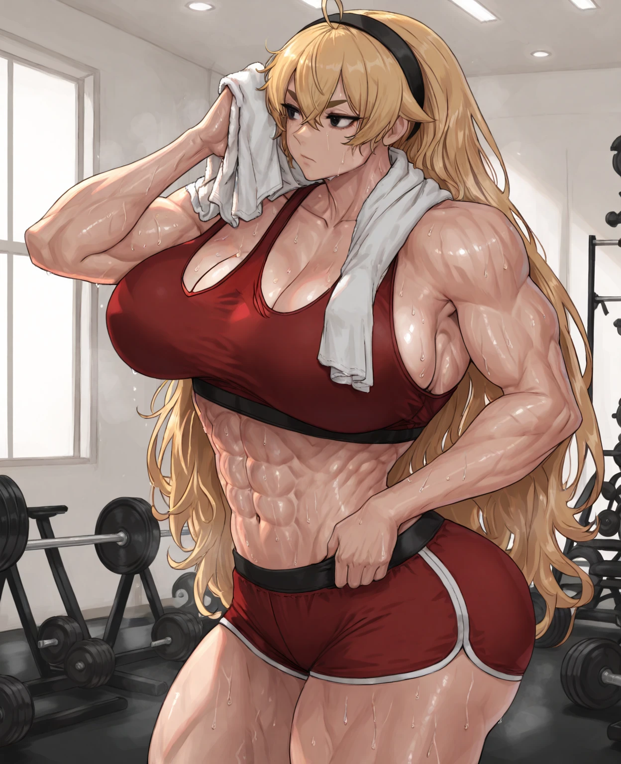 (best quality, 8k, highres, photorealistic:2.0), (solo, one girl:2.0),(lighting:front),(lighting: strong),(Russian Beauty:2.0),(very muscular girl:2.0),(bodybuilder girl:1.5),(shiny skin:1.5),(oily skin:1.5),(platinum blonde hair:1.5),(Squat down with both knees up and spread your legs apart:1.5),(raise both arms behind your head:1.5),(high heels:1.5),(lewd girl),(cyberpunk location:1.9),(amazing orgasm),(((tiny red micro bikini bodybuilder uniform))),