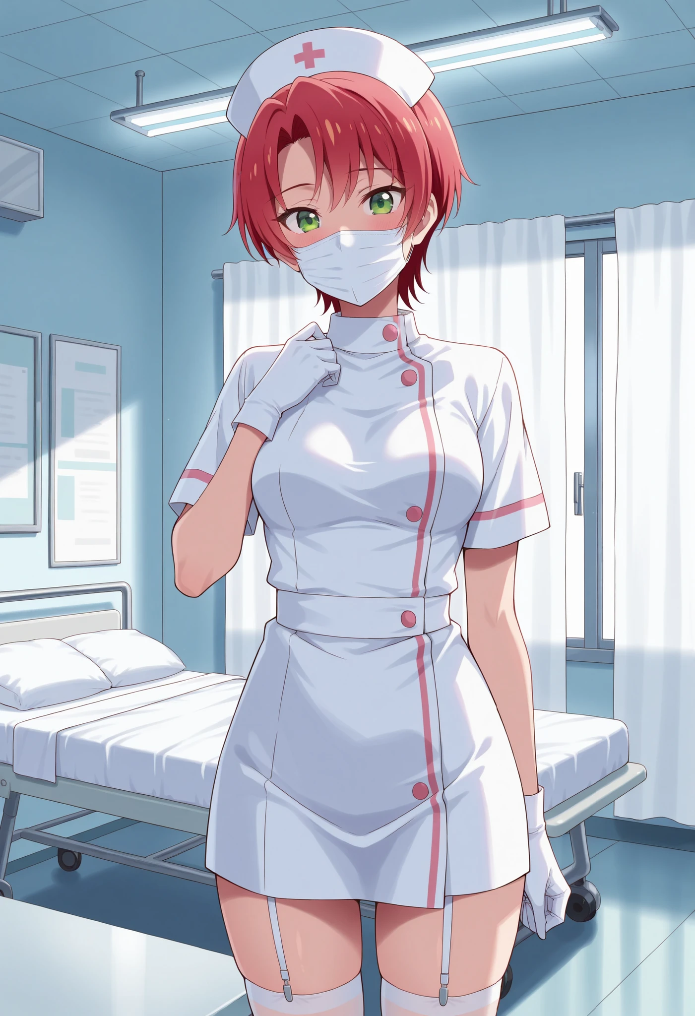 Score_9, score_8_up, score_7_up, source_anime, mei hamano, solo, short hair, pink hair, red hair, green eyes, medium breasts, (best quality), (high quality), {masterpiece}, extremely delicate and beautiful, ultra-detailed, beautiful detailed eyes, nurse, nurse hat, ((white nurse's outfit)), white gloves, white thighhighs, hospital room, ((white mask, mouth mask, covered nose)), standing