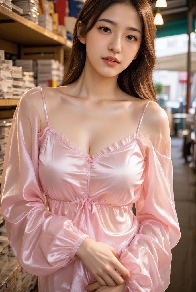 8K, tmasterpiece, RAW photos, Best quality, realistically, extremely detaild的 CG unified 8k wallpapers, depth of fields, 电影灯光, lens flare glow, ray traycing, (Extremely beautiful face, beautifullips, pretty eyes), Complex and detailed face, ((Ultra-delicate skin)) 1 girl, In the darkness of the night, Depth shadows, Beautiful Asian Girls, idoly,(非常Slim、Slim、heavy muscular figure:1.3), ((looking at viewert)),(Hefty Smile:1.3), (looking over city, vague background), (dim dim lights, the roof, Terrazzo), beuaty girl, ear nipple ring, bangle, choker necklace, Clear eyes, feet on feet , Front Shooting, (pale-skinned), Face forward, (Full body photo with big eyes)), ((黑色丝绸Lace)), ((Transparent red pajamas:1.3)), (Brown hair) (looking at viewert:1.3), (Lace), awas, middling, Shiny , (see through, Pink pajamas :1.3), Terrazzo