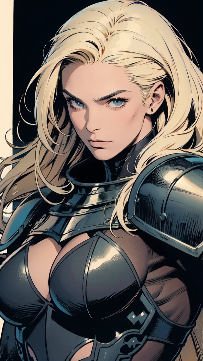 hot blonde in black top, sent by hell to win a race, and futuristic black car in the background, front view, lightening, stormy sky, epic composition, cinematic, studio lighting, volumetric lighting, masterpiece, movie poster, comic style