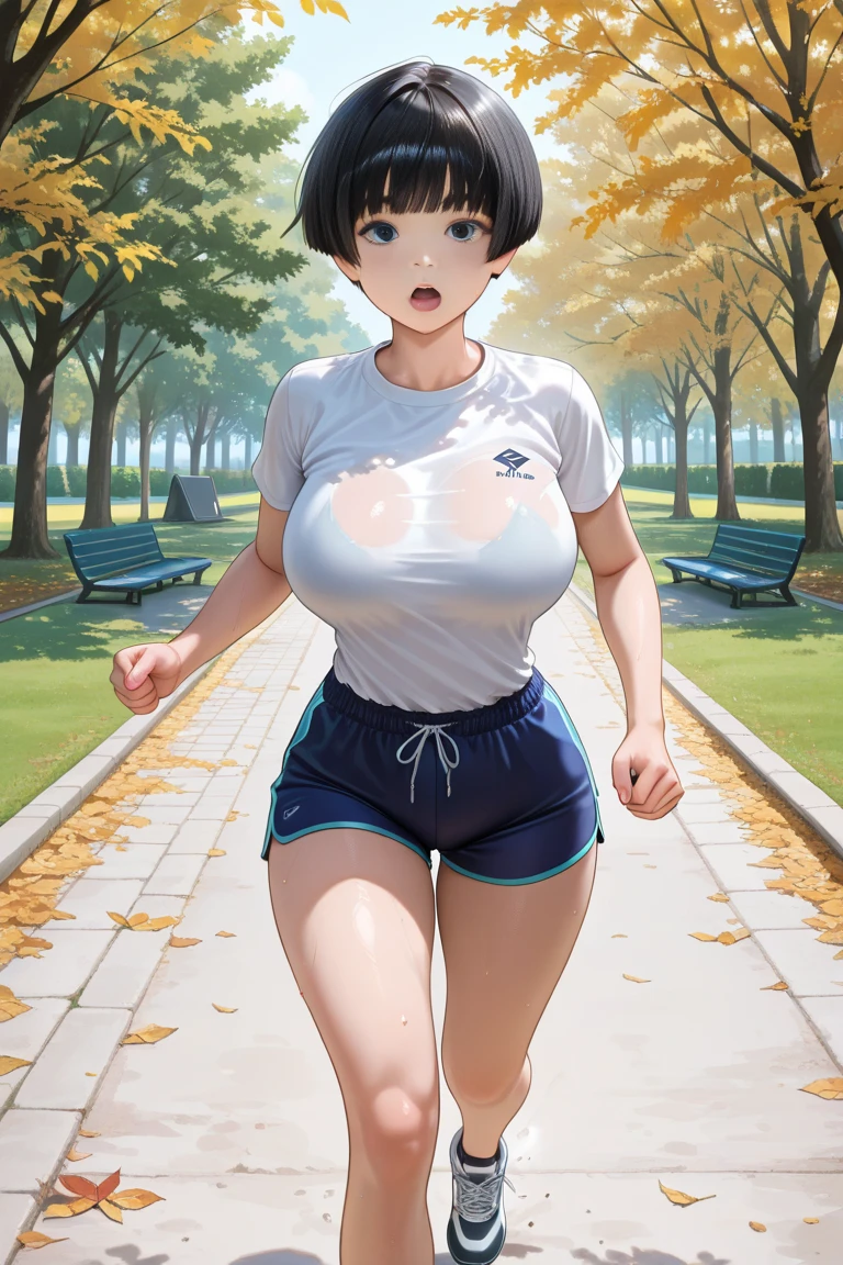 masterpiece、High resolution、High resolution、High resolution、1 female、Very close、((Depiction of only the upper body、very very big breasts))、((Black Hair、short hair))、A kind smile、Laughing with your mouth open、Pink Lip Gloss、((Thin high leg sportswear、Put your hands behind your back))、gym