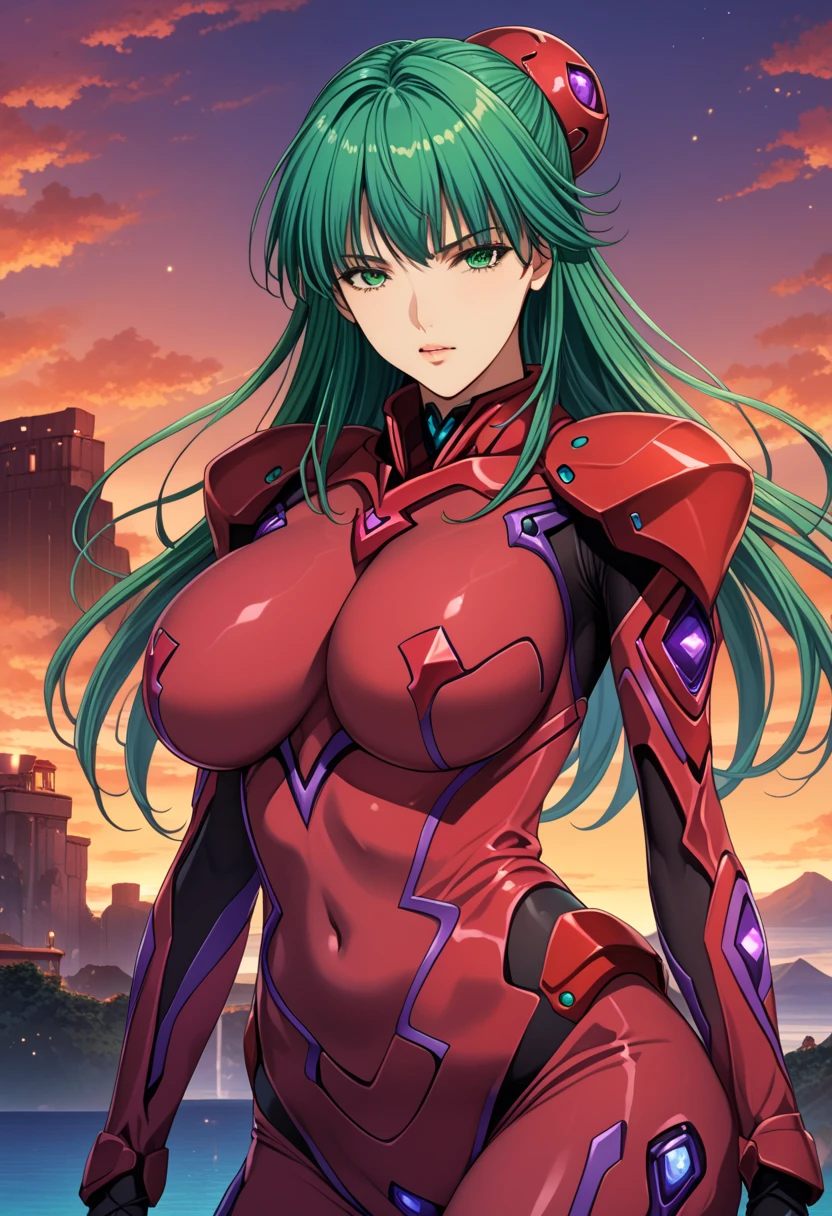 1girl, cowboy shot, beautiful ,zenin_maki,ponytail,glasses,bangs,green hair,brown eyes, choker, black_choker, cleavage, earrings, iron man, bodysuit,  volumetric lighting, best quality, masterpiece, intricate details, tonemapping, sharp focus, hyper detailed, trending on Artstation, upper body, thigh looking at viewer, standing, starry sky, day, cloudy
