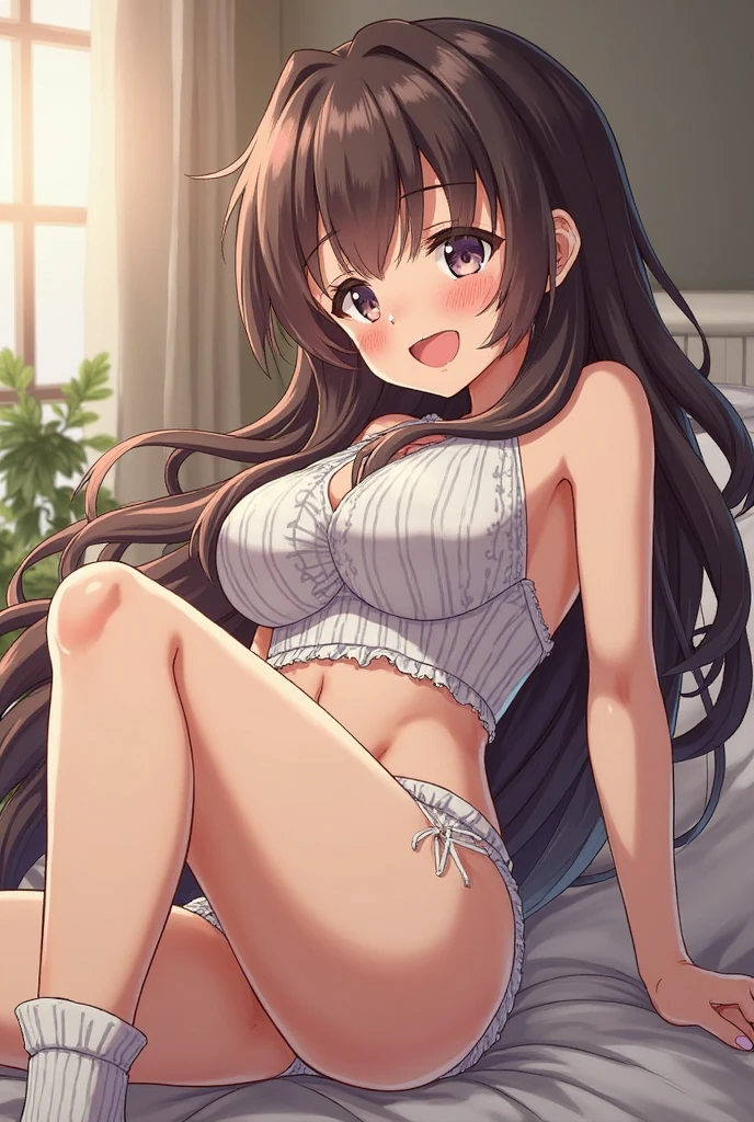 masterpiece, beautiful illustrations, highest quality, pretty girl, 1girl, Bedroom, pastel colour, (two-separated lingerie), cute lingerie, reddish brown long hair, headband, bright lighting, presenting, looking at viewer, on bed, embarrassed