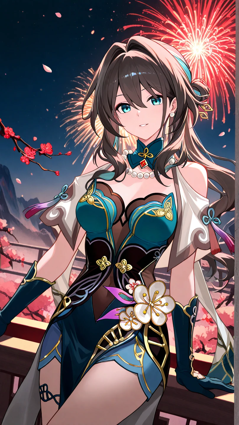 (masterpiece, highest quality, super detailed), (detailed face), tarot border, full body, Standing picture, brown hair, purple eyes, bun hair, long hair, twin tails, Triumphant look, A big smile, chinese dress, thighs, very sexy, big breasted, slightly fat big breasts, cleavage, Standing on the lake