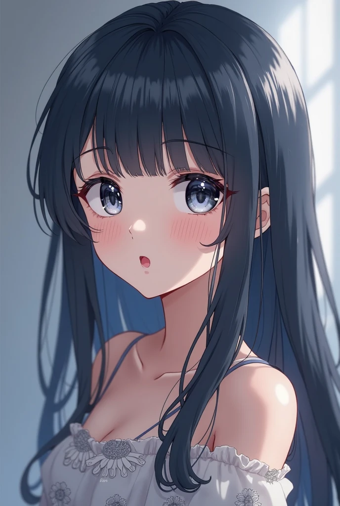Innocent looking girl with very perky breast and visible nipples, black hair and eyes. And is shy