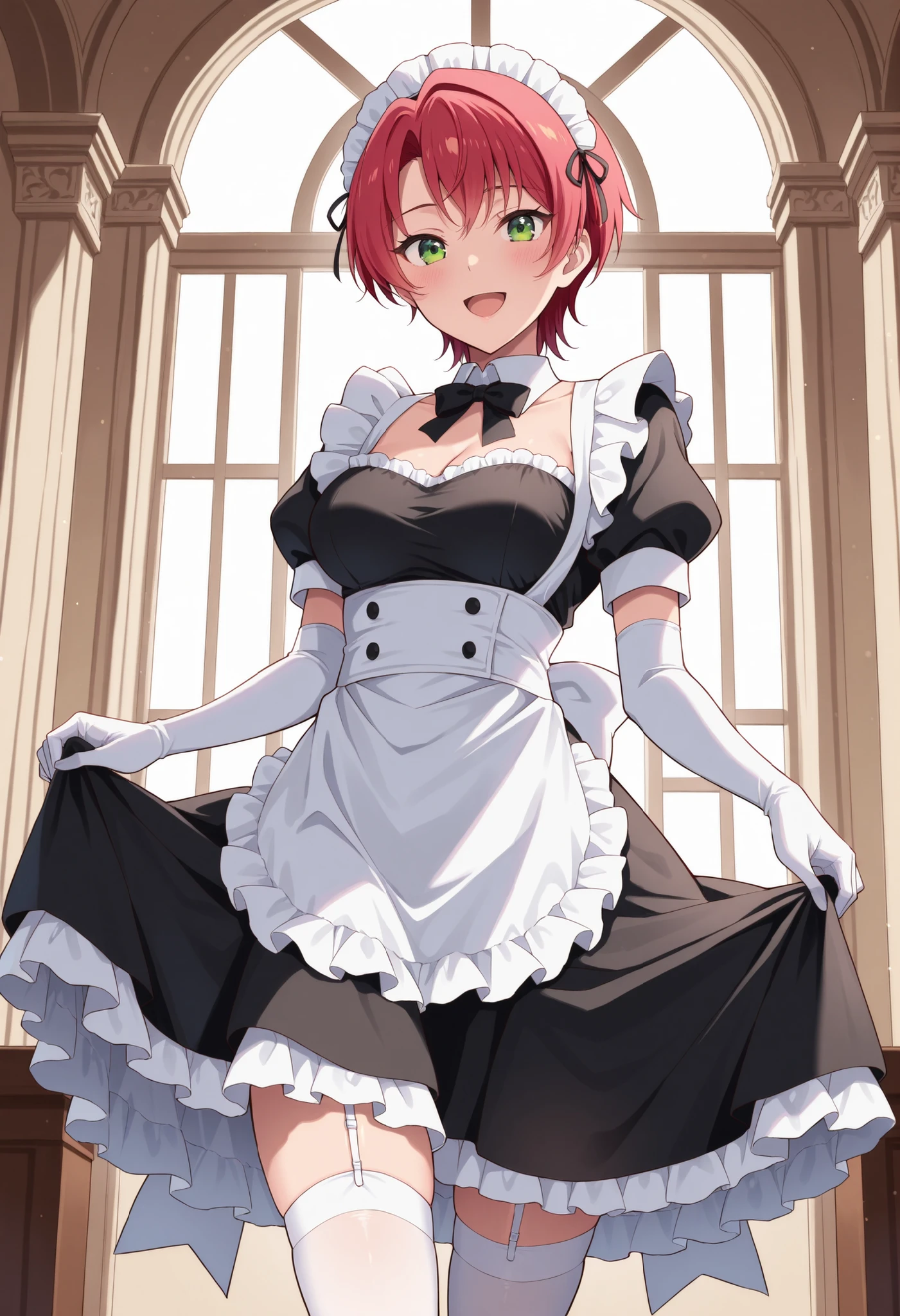 Score_9, score_8_up, score_7_up, source_anime, mei hamano, solo, short hair, pink hair, red hair, green eyes, medium breasts, (best quality), (high quality), {masterpiece}, extremely delicate and beautiful, ultra-detailed, beautiful detailed eyes, maid, black maid costume, short sleeves, puffy sleeves, white headdress, white frilled apron, white elbow gloves, white thighhighs, mansion, indoor, smile, open mouth, standing