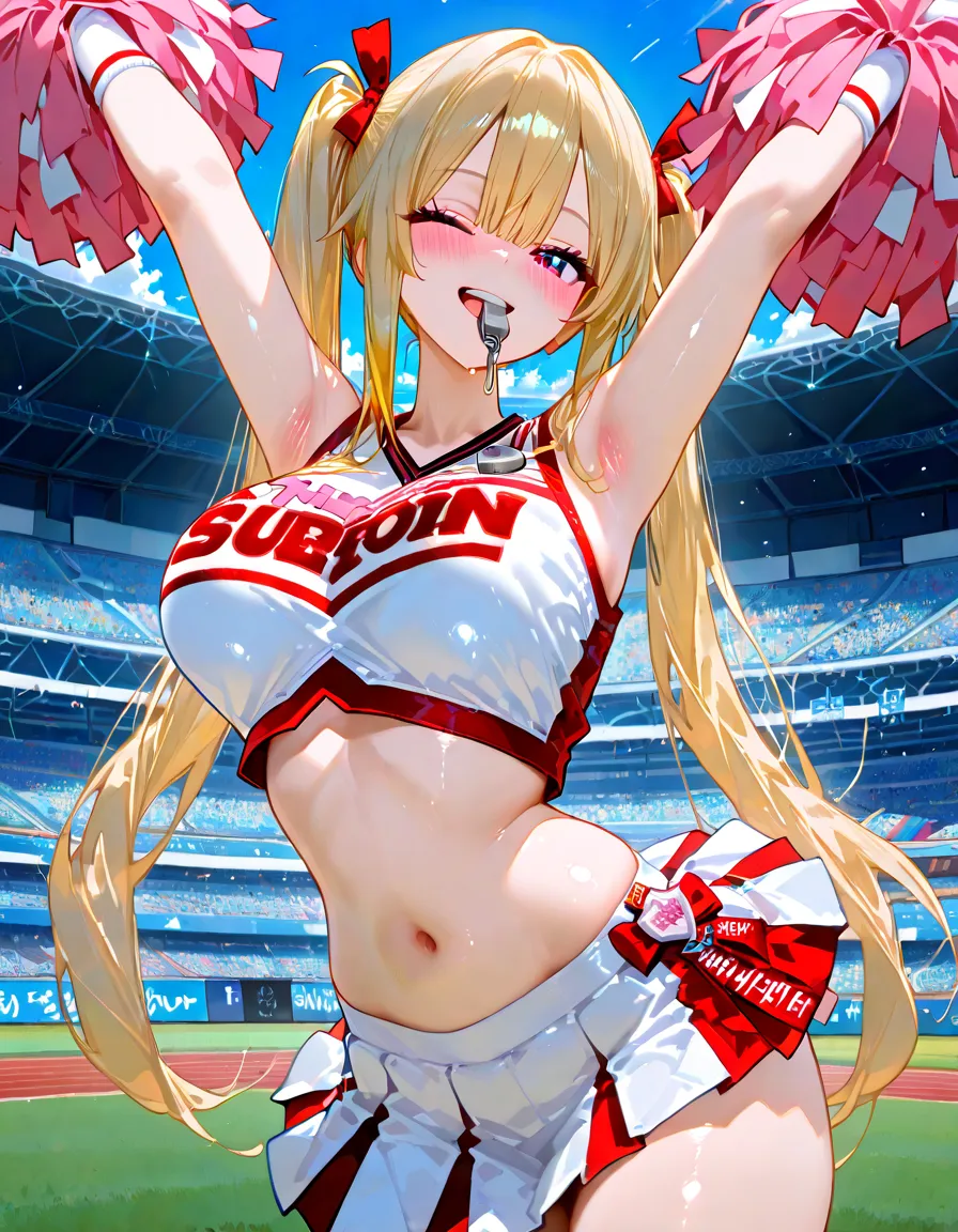 highres, clay (nikke), blonde hair, 1girl, cheerleader, looking at viewer, red skirt, visor cap, navel, long hair, underboob, large breasts, absurdres, open mouth, pleated skirt, holding pom poms, white panties, crop top,