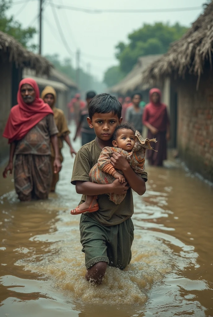 A bangladeshi man is drowning in flood with his wife and baby