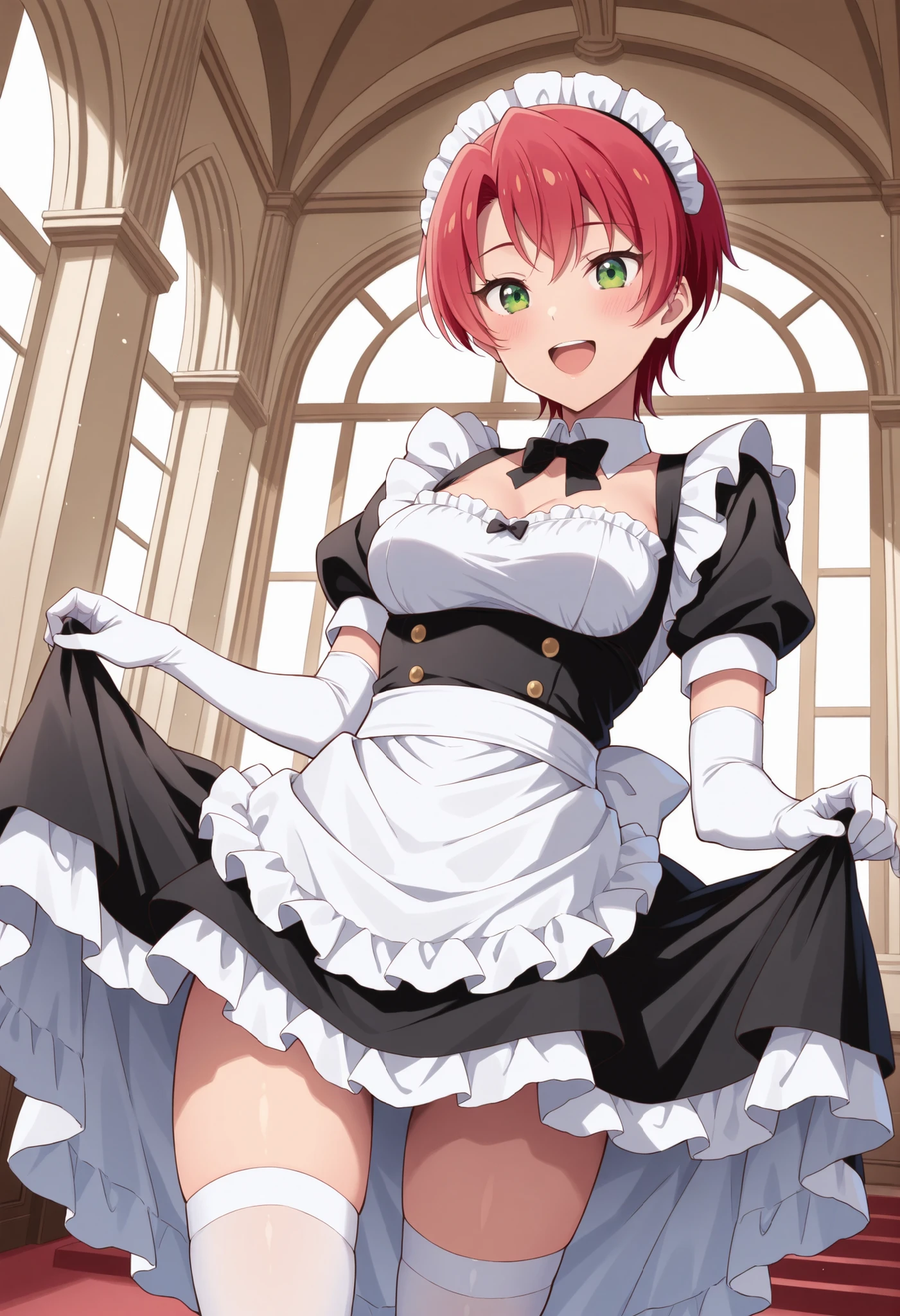 Score_9, score_8_up, score_7_up, source_anime, mei hamano, solo, short hair, pink hair, red hair, green eyes, medium breasts, (best quality), (high quality), {masterpiece}, extremely delicate and beautiful, ultra-detailed, beautiful detailed eyes, maid, black maid costume, short sleeves, puffy sleeves, white headdress, white frilled apron, white elbow gloves, white thighhighs, mansion, indoor, smile, open mouth, standing