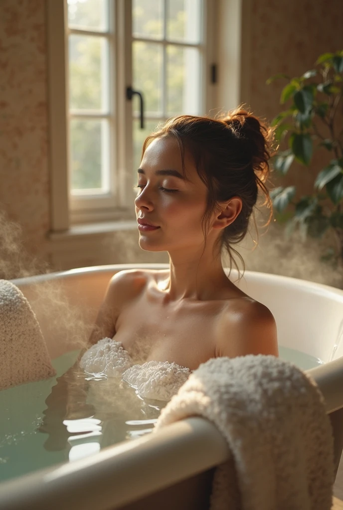 One women using a shampoo during a bath 
