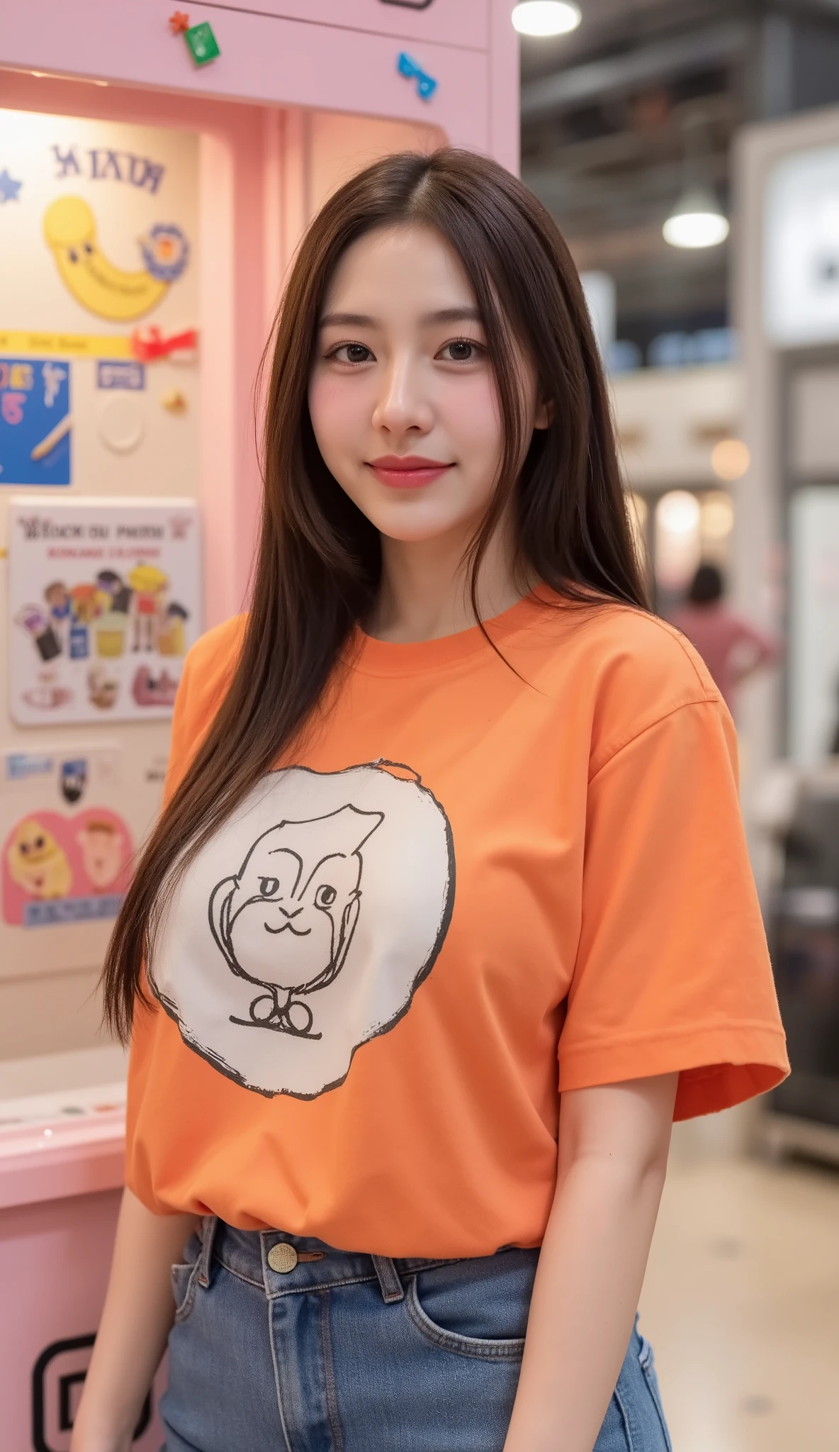 Realistic woman, beautiful face, big breasts, attractive shape, height 160cm. Looking at the ultra-high resolution 8K camera, sharp focus, very high detail, as realistic as a photo, natural light, soft skin, she stood next to a sticker photo booth in the famous shopping center in Siam, at a waist-to-shoulder angle, revealing a bright orange graphic print oversized T-shirt she wore with a cropped denim skirt. A bit off the hem, at the back of the scene is a pastel-coloured wall decorated with colourful stickers and a box of props for taking photos such as fake glasses, hats and cloth dolls.
Laughter from the group of other agers waiting for the photo queue came from behind, along with flashes from the side cabinets firing rhythmically. The sweet fragrance of Bubble Tea wafts through the air as she smiles involuntarily, echoing the image of a Thai ager on a day filled with laughter and simple fun that is at its truest.